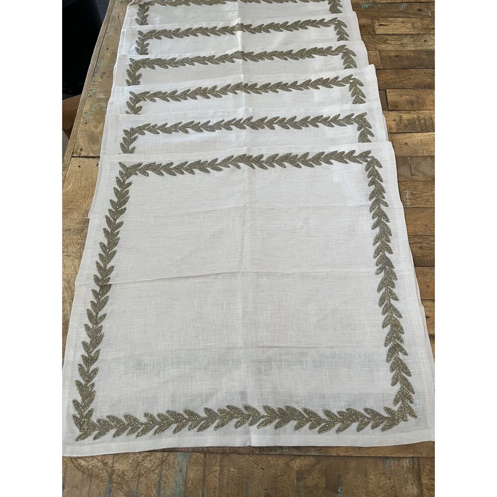Allen + Roth Embroidered Linen Napkins Set of 6 Beige with Gold Leaves - Picture 2 of 13